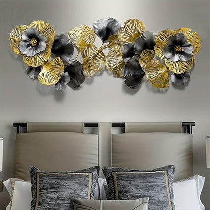 edaknez Extra Large Metal Wall Art, Metal Wall Decor for Living Room, 3D Flower Leaves Wall Decoration, Coastal Nautical Wall Hanging Sculpture, for Indoor Outdoor Black & Gold (B 145x55x6cm)