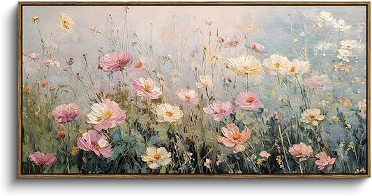 InSimSea Extra Large Framed Vintage Wall Art, Living Room Country Farmhouse Decor, Spring Wildflowers Field Landscape Canvas Prints, Retro Scenery Long Pictures for Bedroom Above of Bed,20x40inch