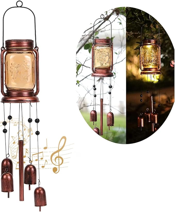 Solar Wind Chime for Outside,Solar Mason Jar Wind Chime, Outdoor Hanging Wind Chimes, for Mom Women Grandma,IP65 Waterproof Romantic Memorial Wind Chimes