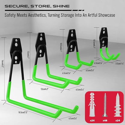 15-Piece Garage Wall Hooks with 3 Extension Straps, Green Heavy Duty Tool Storage Rack for Ladder, Bike, Shovel, Garden Tools, Metal Wall Mount Organizer Set