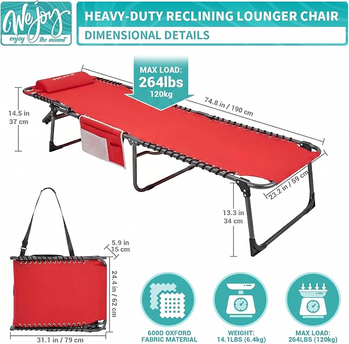 #WEJOY Outdoor Chaise Lounge Chairs, Portable Lounge Chairs for Outside, Adjustable Lightweight Beach Lounge Chair for for Adults, Patio, Pool, Lawn, Camping Tanning Chairs with Pillow, Red