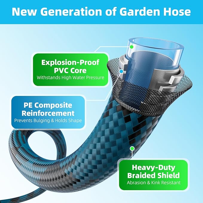 Garden Hose, Non-Expandable Water Hose 125 ft, Flexible, Kink & Leak Proof Water Pipe with 10-Function Spray Nozzle, Lightweight Outdoor Hose for Yard, Lawn, Car Wash, RV and Home Use