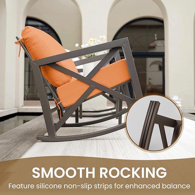 UDPATIO Rocking Chair Outdoor Set 2 with Coffee Table, 3 Piece Metal Rocking Bistro Set with 6.5" Water-Resistant Cushions, Oversized, 350lbs Heavy-Duty, for Porch, Patio, Balcony, Orange