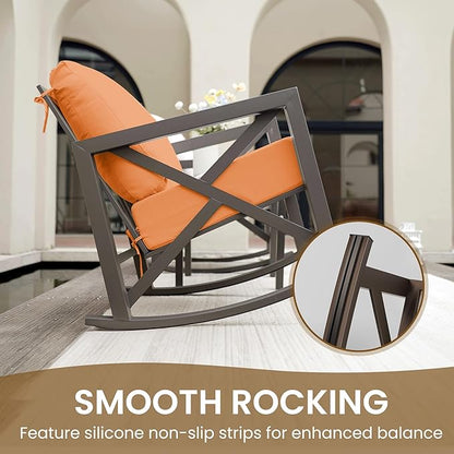 UDPATIO Rocking Chair Outdoor Set 2 with Coffee Table, 3 Piece Metal Rocking Bistro Set with 6.5" Water-Resistant Cushions, Oversized, 350lbs Heavy-Duty, for Porch, Patio, Balcony, Orange