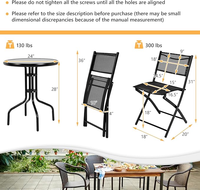 S AFSTAR 3-Piece Bistro Set for Outdoor Yard Garden Park, Round Table with 2 Folding Chairs Patio Furniture Set (Classic Black)