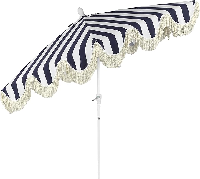 JONATHAN Y UMB1001 Collins 9 ft. Classic Cottage Tassel Market Patio Umbrella with Auto-Tilt, Crank, Wind Vent and UV Protection
