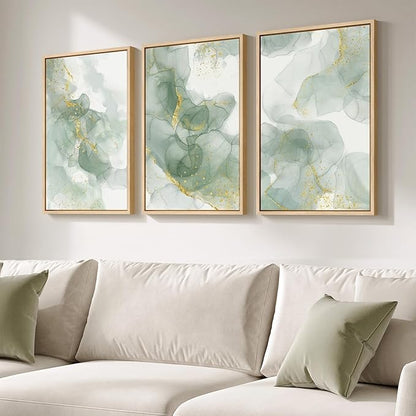 Framed Sage Green Abstract Wall Art, 3 Piece Modern Canvas Prints Paintings Artwork for Walls, Minimalist Green and Gold Abstract Art Pictures for Bedroom Living Room Dining Room Wall Decor 16x24 In
