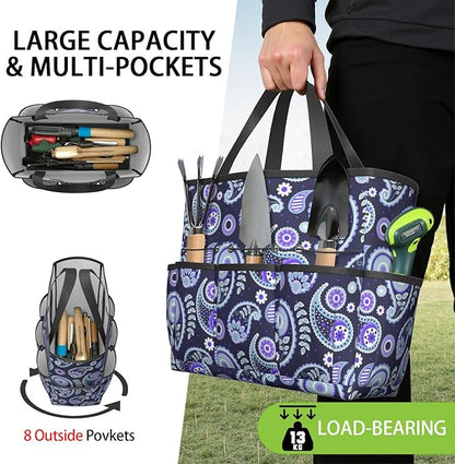 Paisley Garden Tool Bag - Waterproof Garden Tote with 8 Pockets, Large Storage Home Organizer Gardening Tool Oxford Bag for Garden Tools Kits Holder, Ideal Outdoor Gardening Gift for Women & Men
