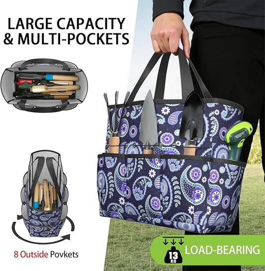 Paisley Garden Tool Bag - Waterproof Garden Tote with 8 Pockets, Large Storage Home Organizer Gardening Tool Oxford Bag for Garden Tools Kits Holder, Ideal Outdoor Gardening Gift for Women & Men