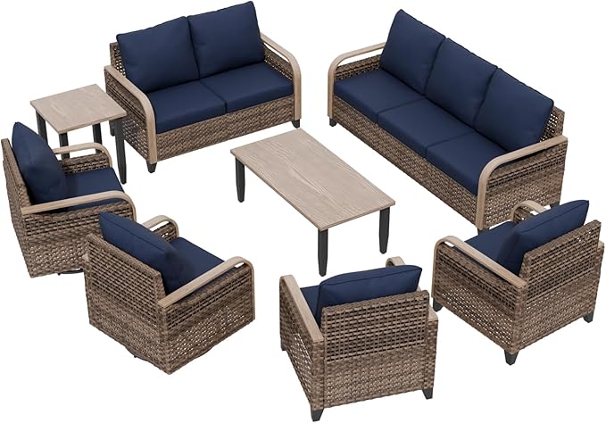 Modern Wicker Patio Furniture Set, Rattan Outdoor Conversation Set， 2 Patio Chairs, 2 Swivel Rocking Chairs, 3 Seat Couch, Loveseat, Coffee Table and Side Table, 8 Pieces, Brown/Blue