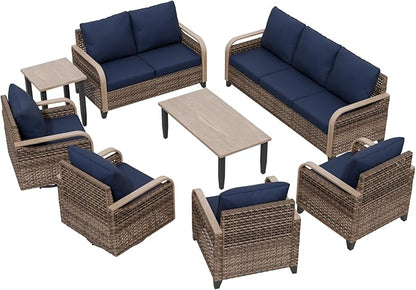 Modern Wicker Patio Furniture Set, Rattan Outdoor Conversation Set， 2 Patio Chairs, 2 Swivel Rocking Chairs, 3 Seat Couch, Loveseat, Coffee Table and Side Table, 8 Pieces, Brown/Blue