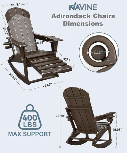 Adirondack Rocking Chairs Set of 2 with Retractable Ottoman, All Weather Folding Adirondack Chair with Two Cup Holders, Adirondack Outdoor Rocking Chairs for Porch, Patio, Balcony. Coffee