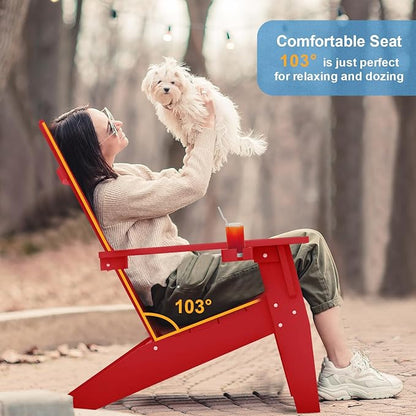 MXIMU Modern Adirondack Chair Weather Resistant with Cup Holder Oversized Fire Pit Chairs Adorondic Plastic Outdoor Chairs for Firepit Area Seating (Red)
