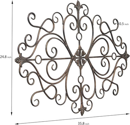 Sintosin Vintage Scroll Wrought Iron Wall Decor 36" x 24", Hanging Distressed Finish Traditional Large Metal Art Wall Decor for Living Room Bedroom Fireplace, Antique Outdoor Metal Home Decor