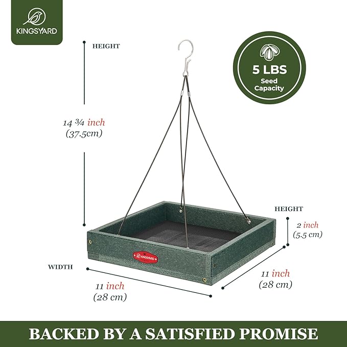 Kingsyard WPC Composite Platform Bird Feeder for Outside, Heavy Duty Hanging Tray for Mealworms & Seeds, 3.5 lbs Large Capacity, Weatherproof Recycled Plastic Material, Easy to Clean, Green