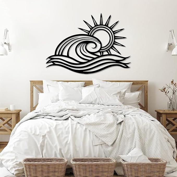 Sunrise Metal Wall Art, Sunrise Wall Decor Metal, Wave Art, Sun Wall Decoration Outdoor, Wall Decor Living Room, Bathroom (30"x21"/76x54cm, Black)