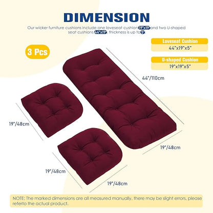 Patio Furniture Cushions Outdoor, Waterproof Wicker Chair Cushions Set of 3, 1 Loveseat & 2 Seat Pads, Thick Outdoor Replacement Cushions for Porch Lawn Bench Couch Sofa Swing, Burgundy