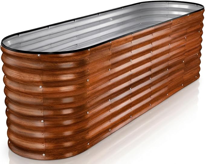 Plant & Plot Galvanized Raised Garden Beds Outdoor // 8×2×2 ft Planter Raised Beds for Gardening, Vegetables, Flowers (Dark Wood Grain) // Large Metal Garden Box // Patented Tool-Free Design