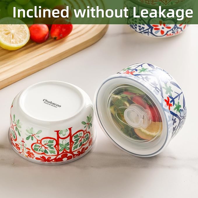 Ceramic Bowl with Lid, Microwave Safe, Set of 4 | Food Storage Containers for Soup, Meal Prep, Cereal, Salad Leftovers - Picnic, Camping, Office Lunch - 20 oz, A-Pattern