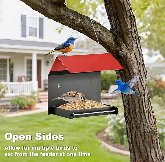 FANHAO Metal Bird Feeder for Outdoor, Hanging & Wall Mounted Wild Bird Feeder with Perch and Drainage Mesh, Weatherproof Hanging Platform Bird House for Attracting Birds, Easy to Clean & Refill