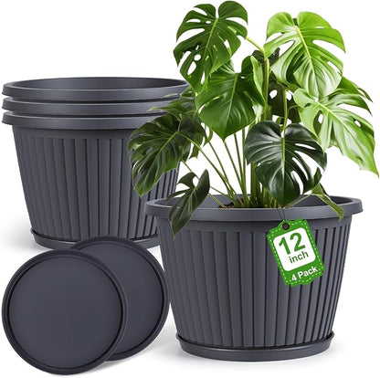 12-inch-Planters-for-Outdoor-Plant，Plastic Indoor Flower Pots with Drainage Holes & Saucer, 4 Packs Decorative Garden Pots for Plantfor Home Porch Decor