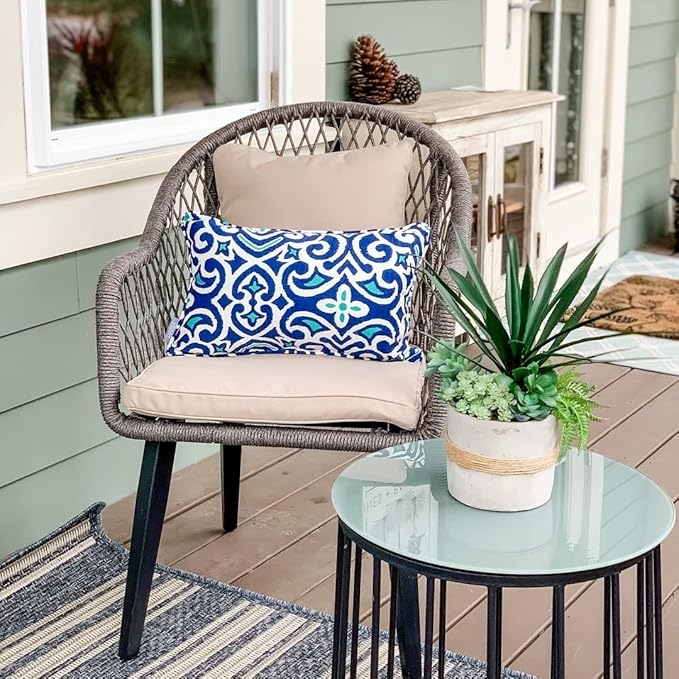 PHI VILLA 3 Pieces Patio Conversation Bistro Set, 2 Hand-Woven Olifin Rope Cushioned Chairs and 1 Glass Top Coffee Table Outdoor Furniture Set for Porch, Backyard - Grey with Beige Cushion