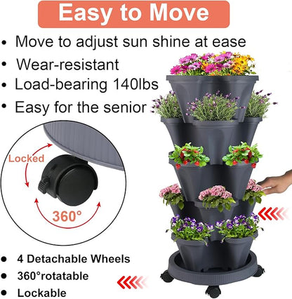 GameXcel Vertical Planter Tower - 5 Tier Stackable Garden Planters with Wheels and Tools Plant Pots for Strawberry Herb Flower and Vegetable Indoor Outdoor Use Dark Gray