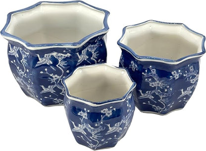 Galt International White & Blue Crane Round Fluted Floral Porcelain Ceramic Plant Flower Planter Pot Set of 3 (7.5", 10", 13") Garden Pots Chinese Asian Design