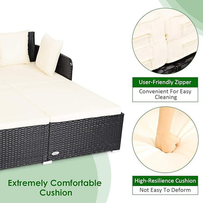 COSTWAY Outdoor Patio Rattan Daybed, Sponge Cushioned Loveseat Sofa with 4 Pillows, Wicker Furniture Sunbed for Balcony, Courtyard (Beige)