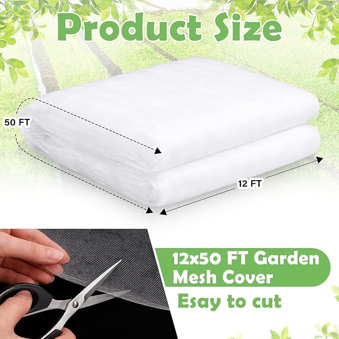 Garden Insect Netting for Raised Beds Extra Large Fruits Tree Netting Pest Barrier White Ultra Fine Mesh Row Bed Covers Net for Vegetable Fruit Protection from Insect Bird Animals(12 x 50 ft)