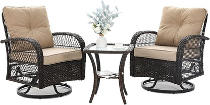 3 Pieces Patio Furniture Set, Outdoor Swivel Glider Rocker, Wicker Patio Bistro Set with Rocking Chair, Thickened Cushions and Table for Porch (Khaki)