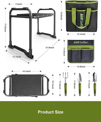 Garden Stool & Kneeler 7-Piece Set with 3 Aluminum Tools, Double-Layer Tote Bag & 2 Side Pouches - Foldable Gardening Bench Kit - Ideal Gifts for Women Mom Seniors (Light Green)
