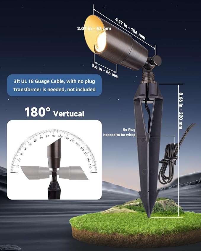 Brass Landscape Spotlights: Solid Brass Landscape Lights, Waterproof 12V Low Voltage Spot Lights with 5W MR16 LED Bulb (Warm White) for Garden, Patio, Lawn & Yard 4-Pack