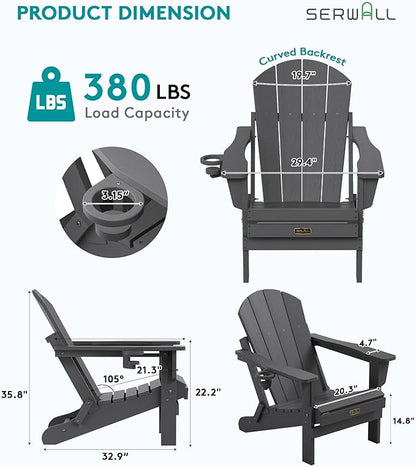 SERWALL Folding Adirondack Chair with Cup Holder Set of 4, Weather Resistant HIPS Patio Chairs, Wooden Textured, Fire Pit Chairs for Garden Outdoors Fire Pit - Gray