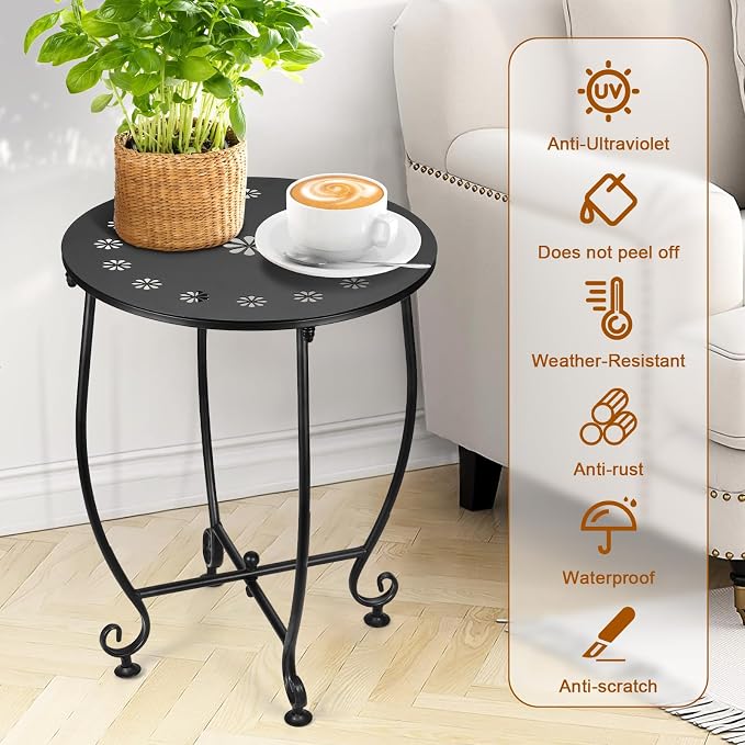 14 Inch Outdoor Side Tables for Patio, Weather Resistant Steel Patio Side Table, Small Round Outdoor End Table Metal Side Table for Patio Yard Balcony Porch Garden Black