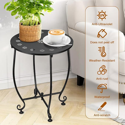 14 Inch Outdoor Side Tables for Patio, Weather Resistant Steel Patio Side Table, Small Round Outdoor End Table Metal Side Table for Patio Yard Balcony Porch Garden Black