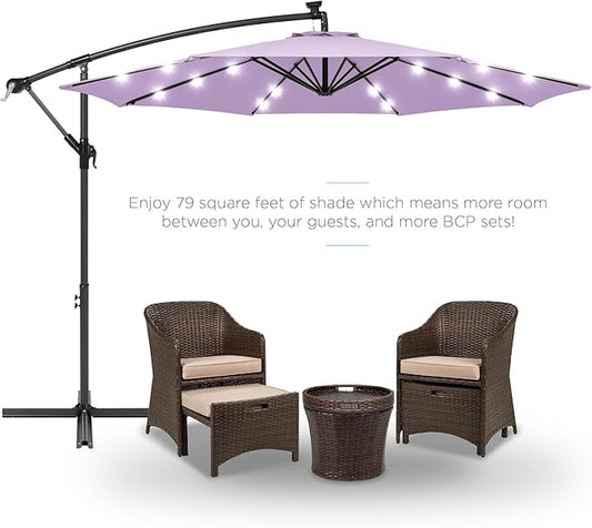 Best Choice Products 10ft Solar LED Offset Hanging Market Patio Umbrella for Backyard, Poolside, Lawn and Garden w/Easy Tilt Adjustment, Polyester Shade, 8 Ribs - Lavender