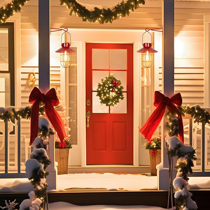 Solar Lanterns Outdoor Christmas Metal Solar Powered Hanging Lights Waterproof for Wall Barn Yard Garden Patio Garage Balcony Porch Fence Decor, Warm White Edison Bulb (Red-2pack)