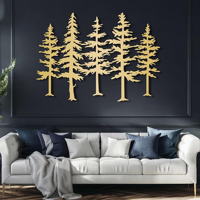 Pine Tree Metal Wall Art, Big Pine Trees Metal Wall Art, Metal Pine Tree Art, Metal Minimalist Pine Wall Decor, Nature and Forest Decor, Tree Decor Wall Hanging, Nature Lover Gift (Gold-Tree2, 33"x 24"| 86x62cm)
