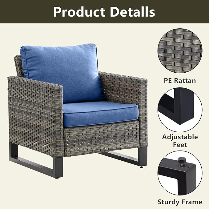 Rilyson Wicker Outdoor Patio Furniture Set - 6 Piece Patio Conversation Set with 2 Armrest Chairs,2 Rattan Ottoman,1 Couch and 1 Metal Side Table for Outside Porch Deck Backyard(Mixed Grey/Blue)