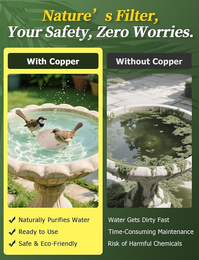 Mellbree 4-Pack Bird Bath Copper Disc, 0.6mm Reinforced 99.99% Pure Copper Cleaning Disk with Triple-Point Support for Physical Safe Clean Water All-Season (Sunflower)