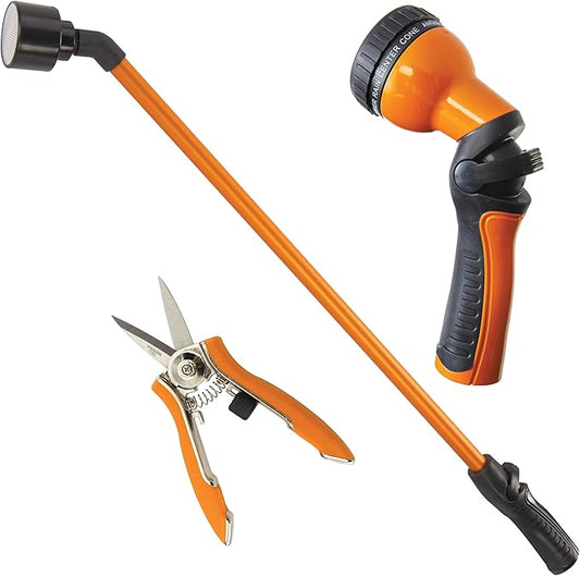 DRAMM Watering and Tool Set Includes 30-Inch One Touch Rain Wand, 9-Pattern Revolution Spray Gun, and Compact Shear, Orange