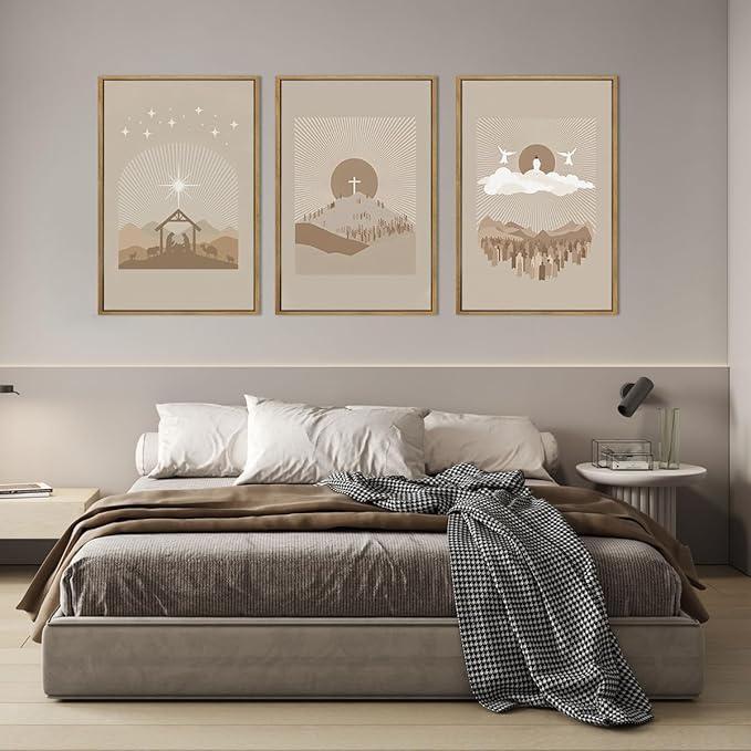 IARTTOP Jesus Christian God Framed Wall Art Large 16x24 Inch Nativity Religious Canvas Wall Decor Grey Brown Catholic Artwork for Church Living room Dining room Set of 3