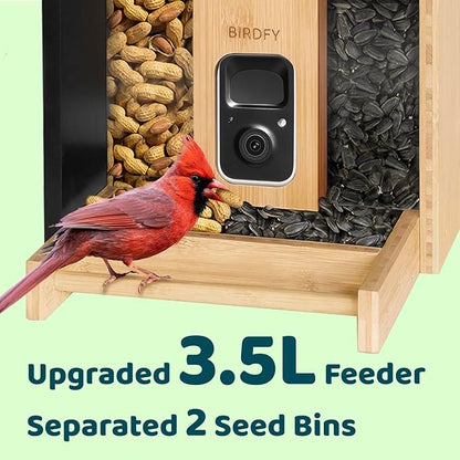Birdfy Smart Bird Feeder with Camera&Metal Guard, Bamboo Wood Outdoor Design, AI Bird Recognition, 1080P HD & Night Vision, Solar Powered, Weatherproof, 3.5L Capacity, Ideal Gift for Nature Lovers