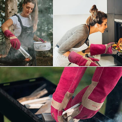 Gardening Gloves for Women, Long Thorn Proof Garden Gloves for Yard Work, Heat Resistant Leather Gloves for Welding, BBQ, Cooking, Fireplace, Chainsaw, Utility, Durable, Rose Red, M