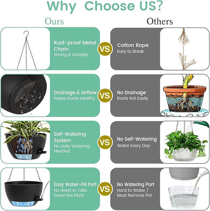 UOUZ 4 Pack 8 Inch Self Watering Hanging Planters for Indoor Outdoor Plants，Hanging Pots for Plants with Drainage Removable Tray, Hanging Baskets Flower Pots for Ivy Pothos Spider Garden Porch Black