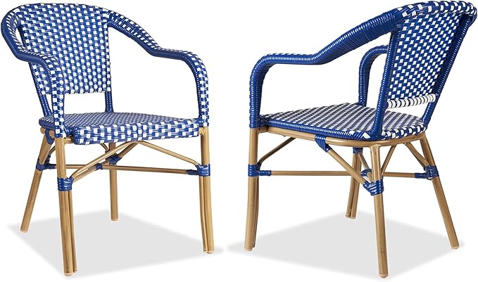 PURPLE LEAF Bistro Chairs Set of 2 French Hand-Woven Wicker Armchairs Outdoor Dining Chairs for Patio Porch Garden Indoor Bamboo Print Finish Deep Blue
