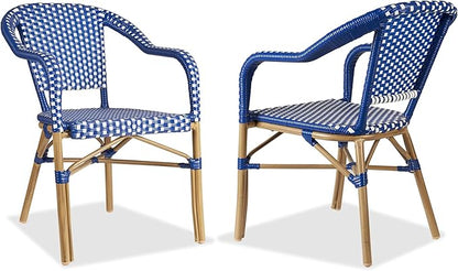 PURPLE LEAF Bistro Chairs Set of 2 French Hand-Woven Wicker Armchairs Outdoor Dining Chairs for Patio Porch Garden Indoor Bamboo Print Finish Deep Blue