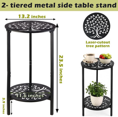 1 Pack 2-Tier Metal Round Side Table Black Accent Coffee Tables Small Space Corner Plant Stand Shelf for Indoor Outdoor Use Patio Balcony End Table Laser-Cut Floral Pattern Weather-Resistant