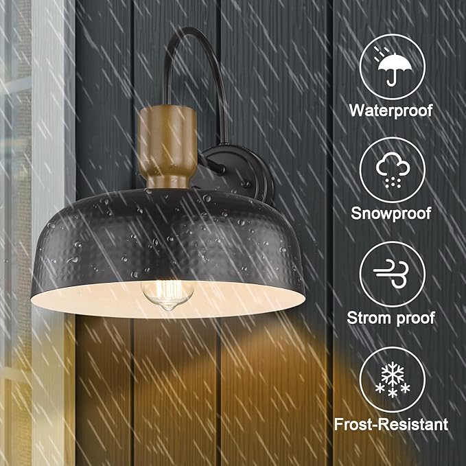 Outdoor Barn Light Hammered Barn Light, Farmhouse Exterior Wall Mount Light Vintage Wall Lighting Fixture Industrial Sconce Lantern for Porch, Entryway, Garage, Black, 2 Pack